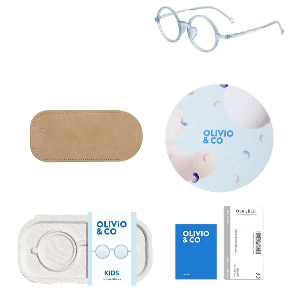 Olivio & Co Round Screen Glasses Kids Seaweed Green, shown with tan protective case and accessory pack