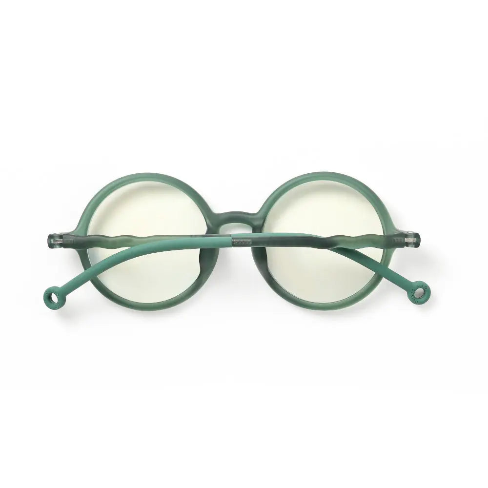 OLIVIO & CO Round Screen Glasses for Kids in seaweed green, circular lenses and sturdy frames shown on a white backdrop