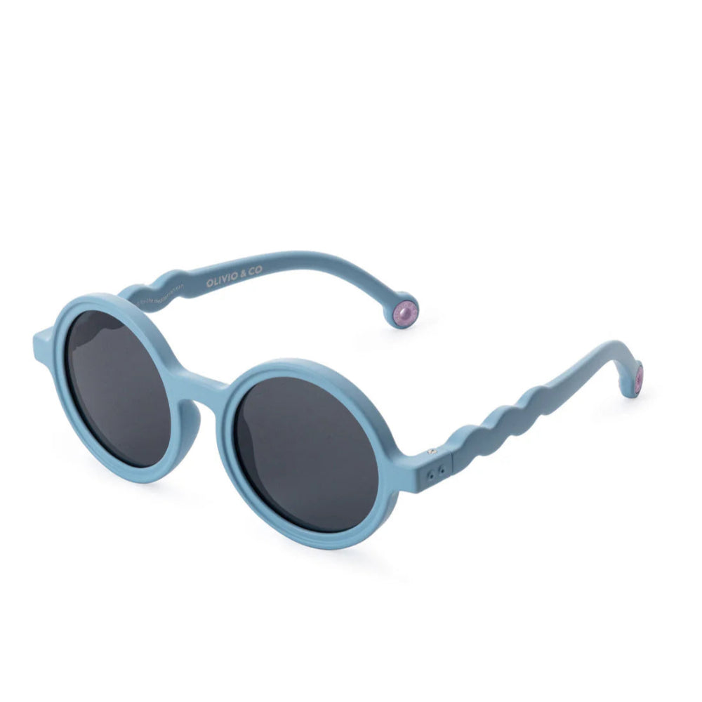 Olivio & Co baby round sunglasses, reef blue frames with dark lenses