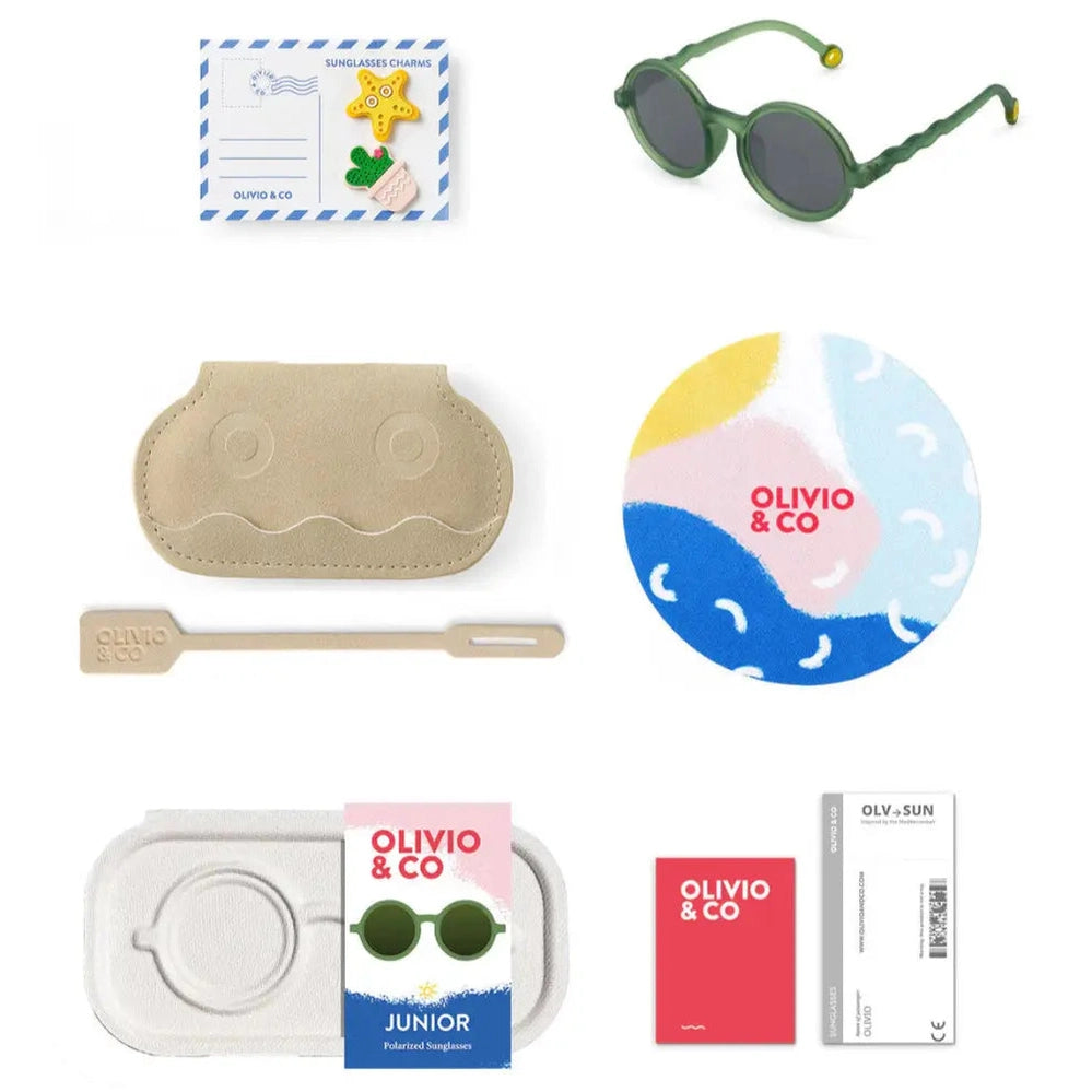 OLIVIO & CO Round Sunglasses Junior olive green with beige case, cloth, and accessories, shown as a full set.