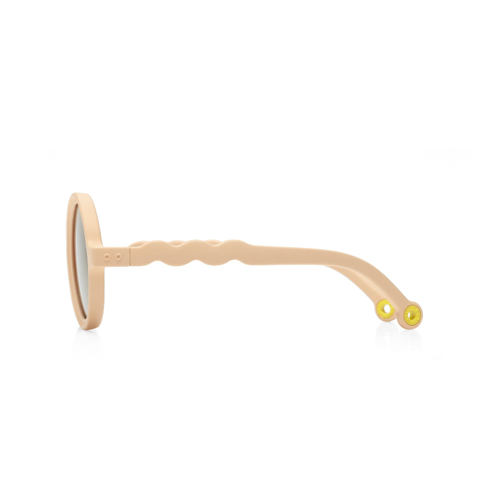Olivio & Co round kids sunglasses in desert sand beige with yellow temple tips