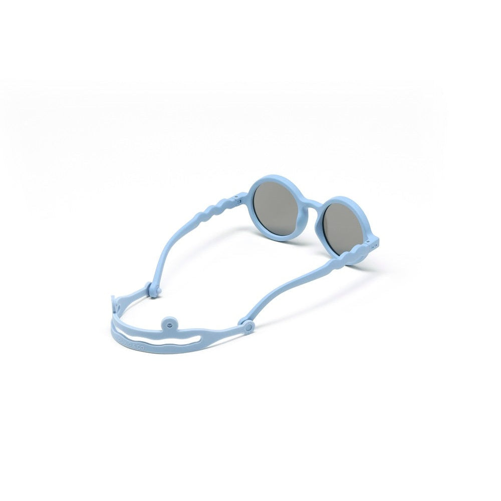 Olivio & Co Round Sunglasses Kids Glacier Blue with gray lenses and adjustable strap for secure wear.