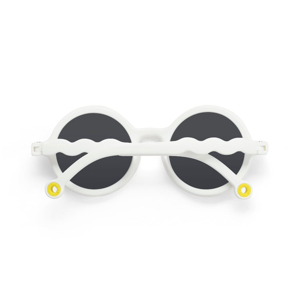 Olivio & Co Round Sunglasses Kids Classic Olivio Shark White; white frame with dark round lenses, arms crossed over front.