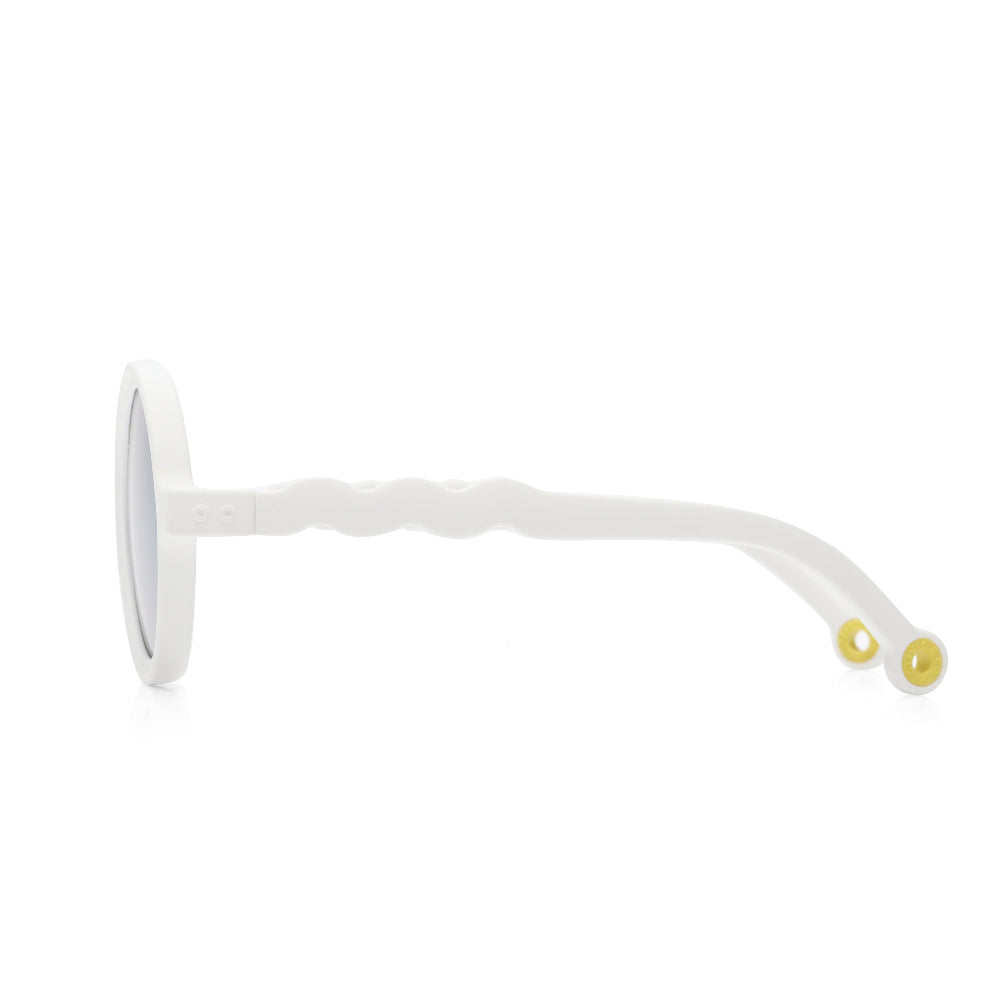 Olivio & Co Round Sunglasses Kids Classic Olivio Shark White; white frame, round lenses, yellow temple tips (side view).