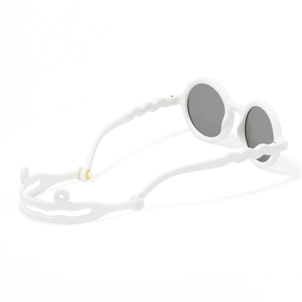 Olivio & Co Round Sunglasses Kids Classic Olivio Shark White with gray lenses, white frame resting flat.