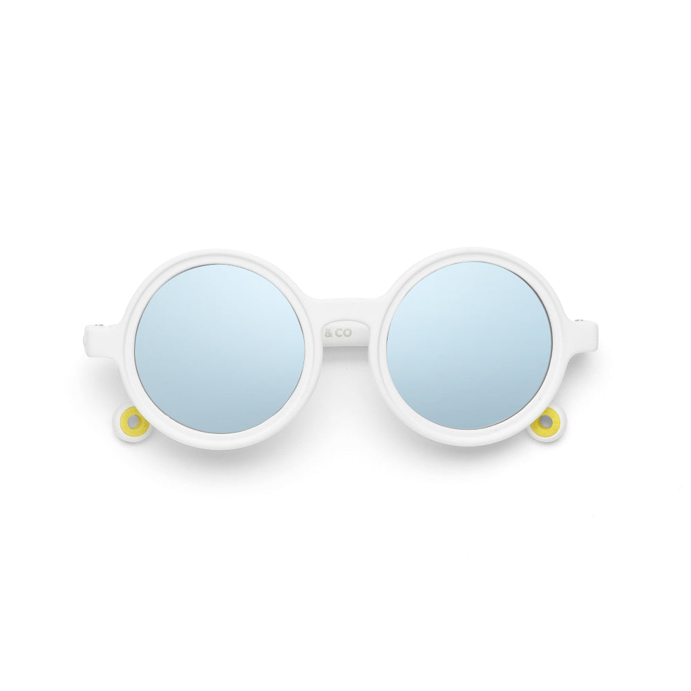 Olivio & Co Round Sunglasses Kids Classic Olivio Shark White displayed on white surface with blue mirrored lenses.