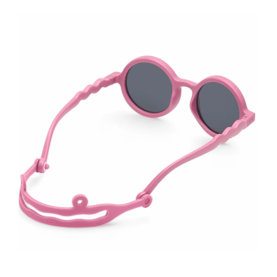 Olivio & Co kids round sunglasses, pink frame, dark lenses, adjustable strap