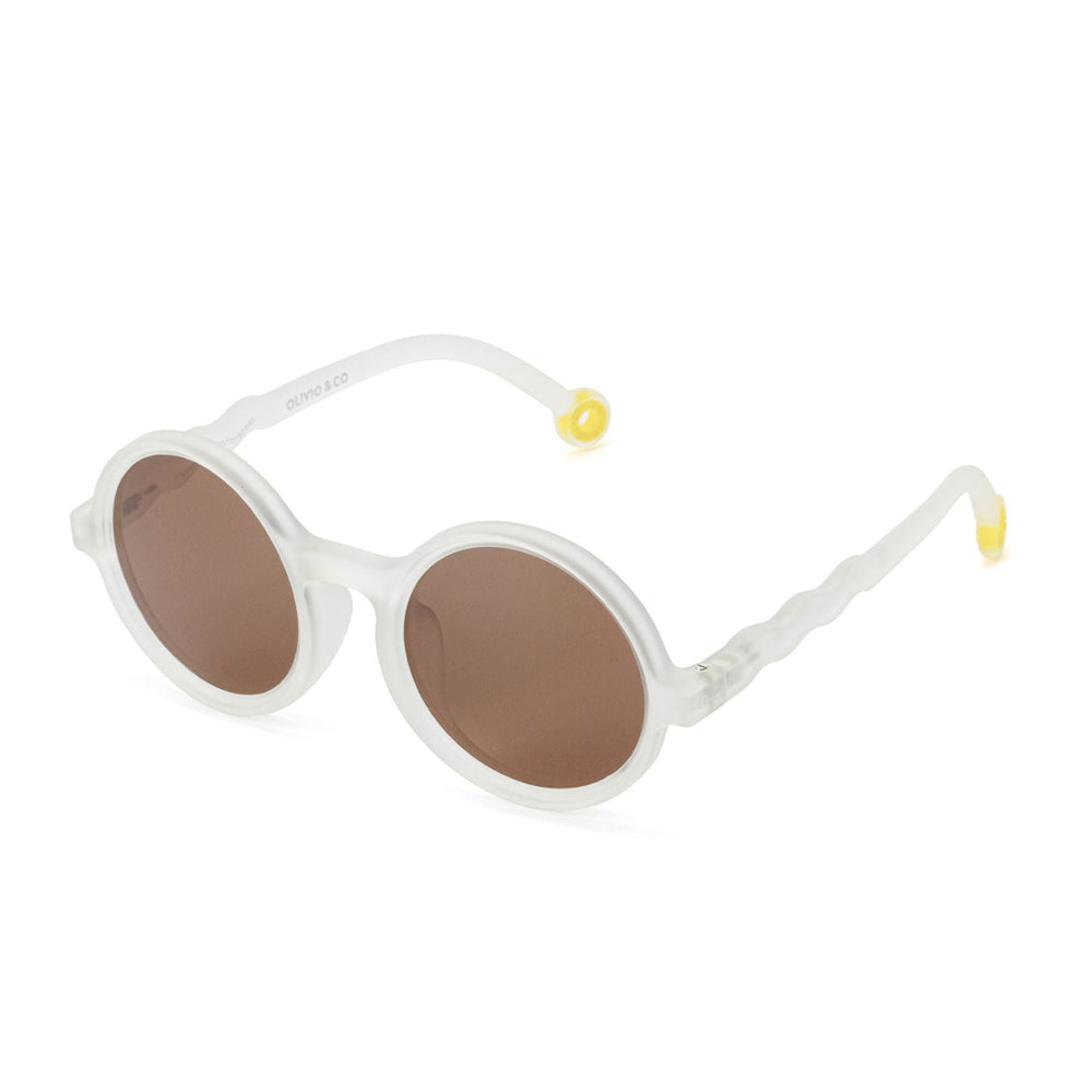 Olivio & Co Round Sunglasses Kids Citrus Garden white frame, brown lenses, yellow temple tips showcased on white background.
