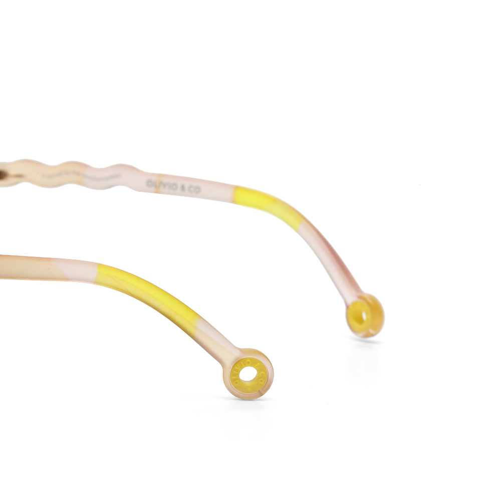 Olivio & Co round kids sunglasses arms in yellow and pink Terra collage, brand logo visible