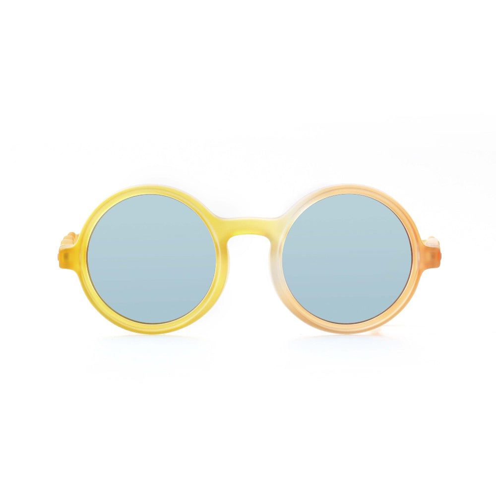 Olivio & Co Round Sunglasses Kids/Junior Classic Olivio Citrus Mix, yellow-orange frame shown with blue mirrored lenses