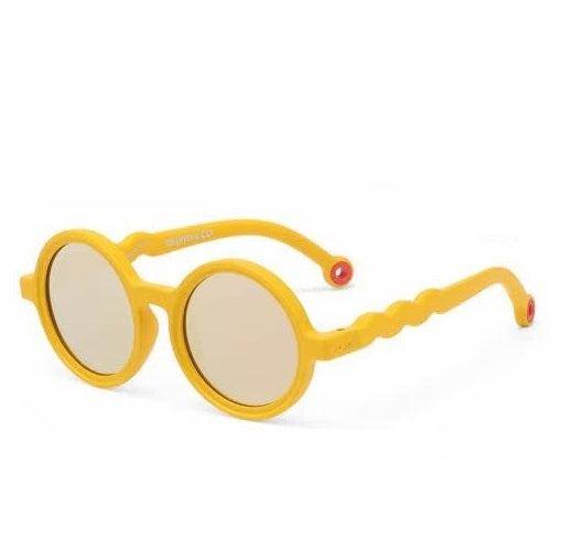 Olivio & Co Round Kids Sunglasses in Van Gogh Yellow; yellow round frames with wavy temples on white background
