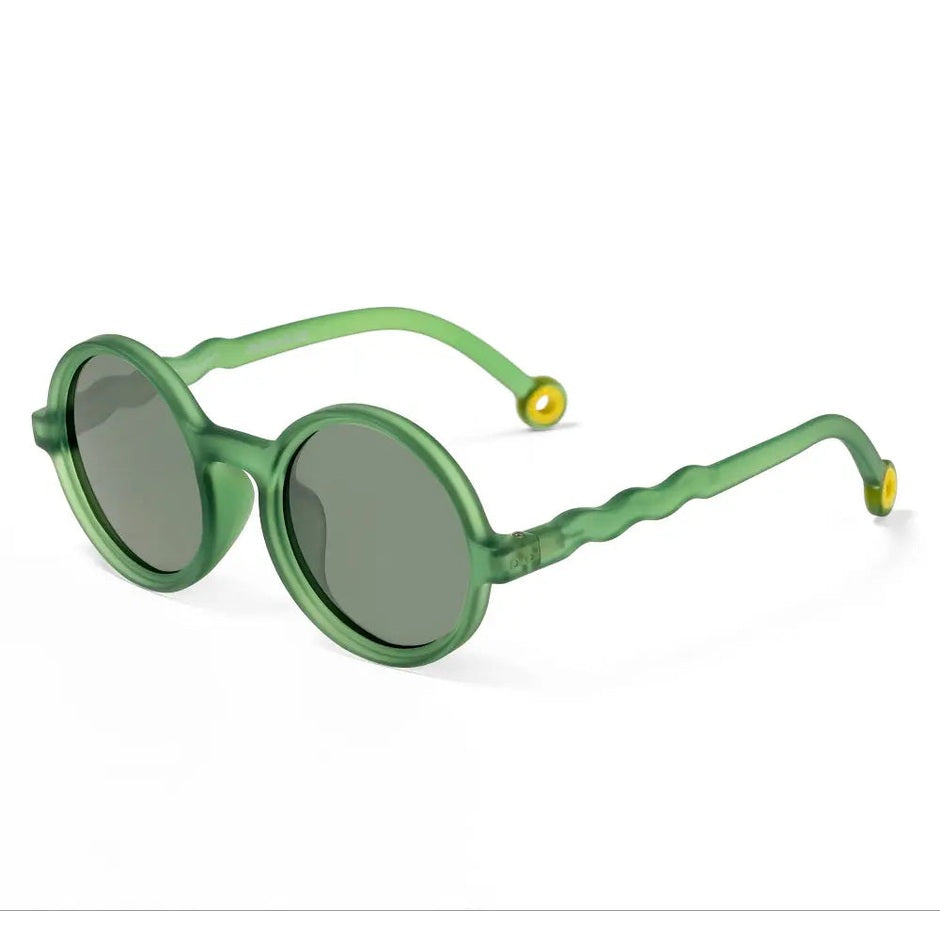 Olivio & Co Round Sunglasses Junior+ Classic Olivio Olive Green; green plastic frames with round lenses, arms curved outward.