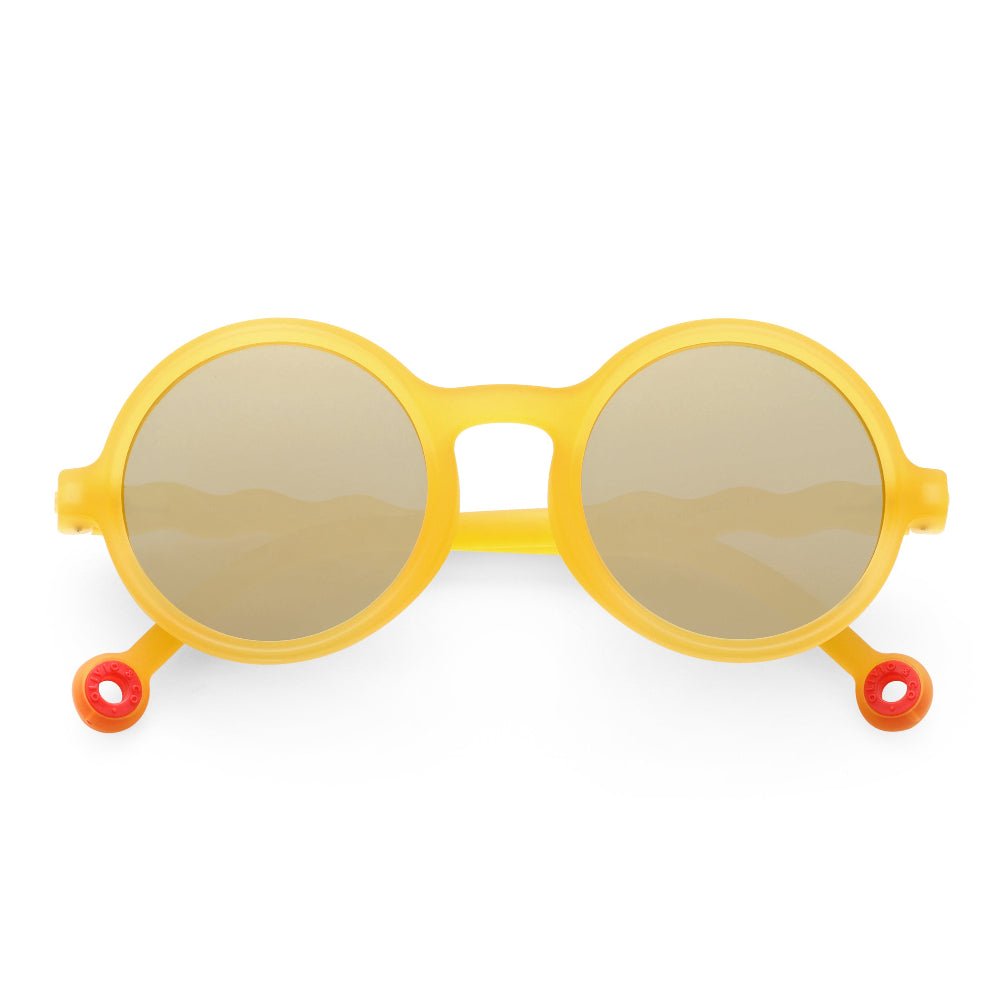 Olivio & Co round kids sunglasses in yellow Van Gogh colorway with red temple accents