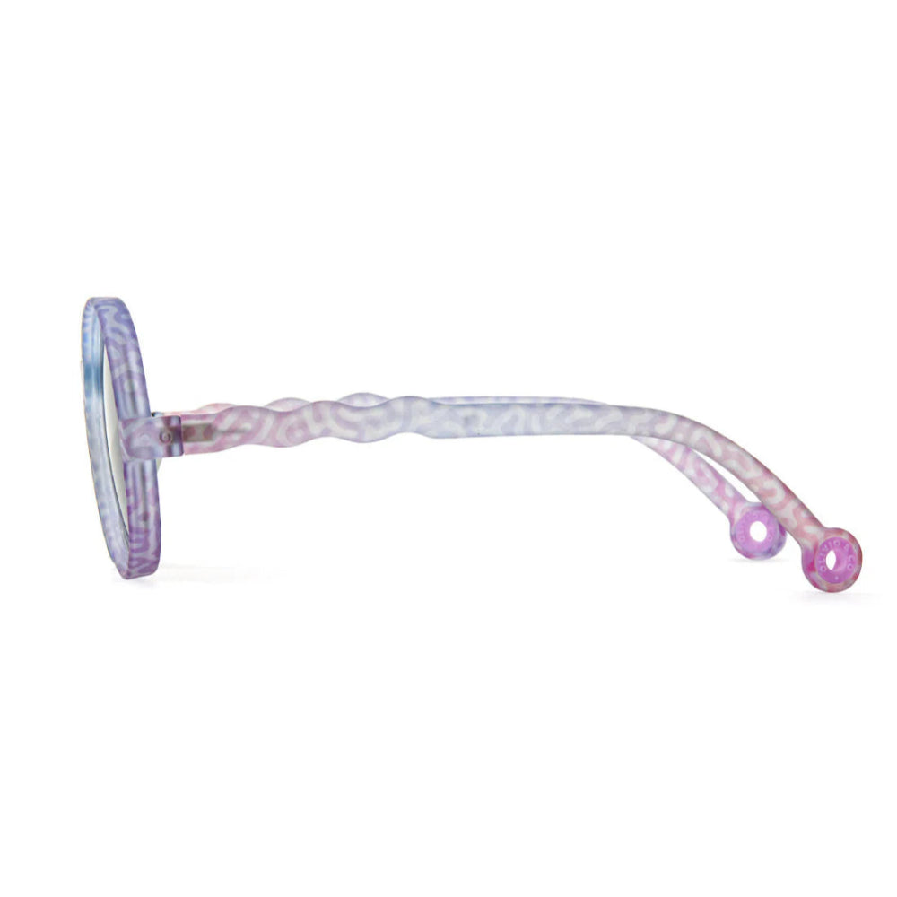 Olivio & Co round kids' sunglasses, lavender frames with a twisted pastel coral reef pattern
