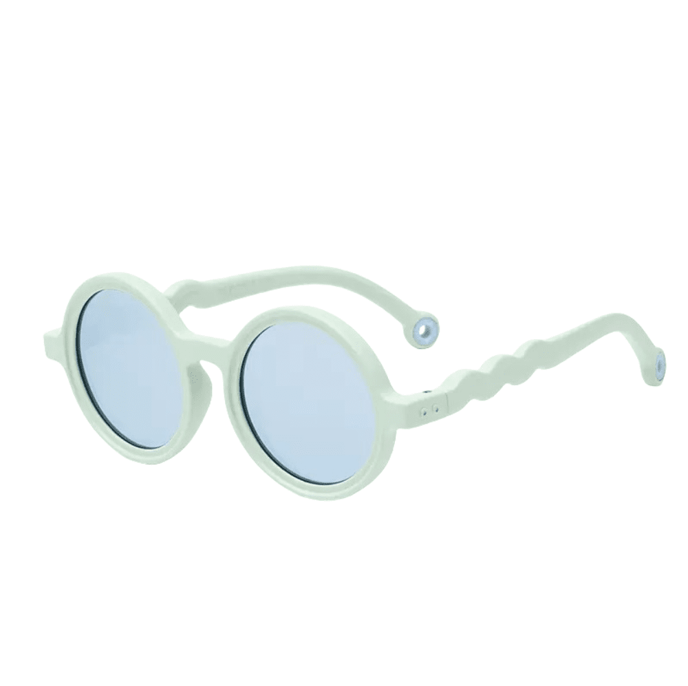 Olivio & Co Round Kids Sunglasses in natural light green with blue lenses, shown on a white backdrop.