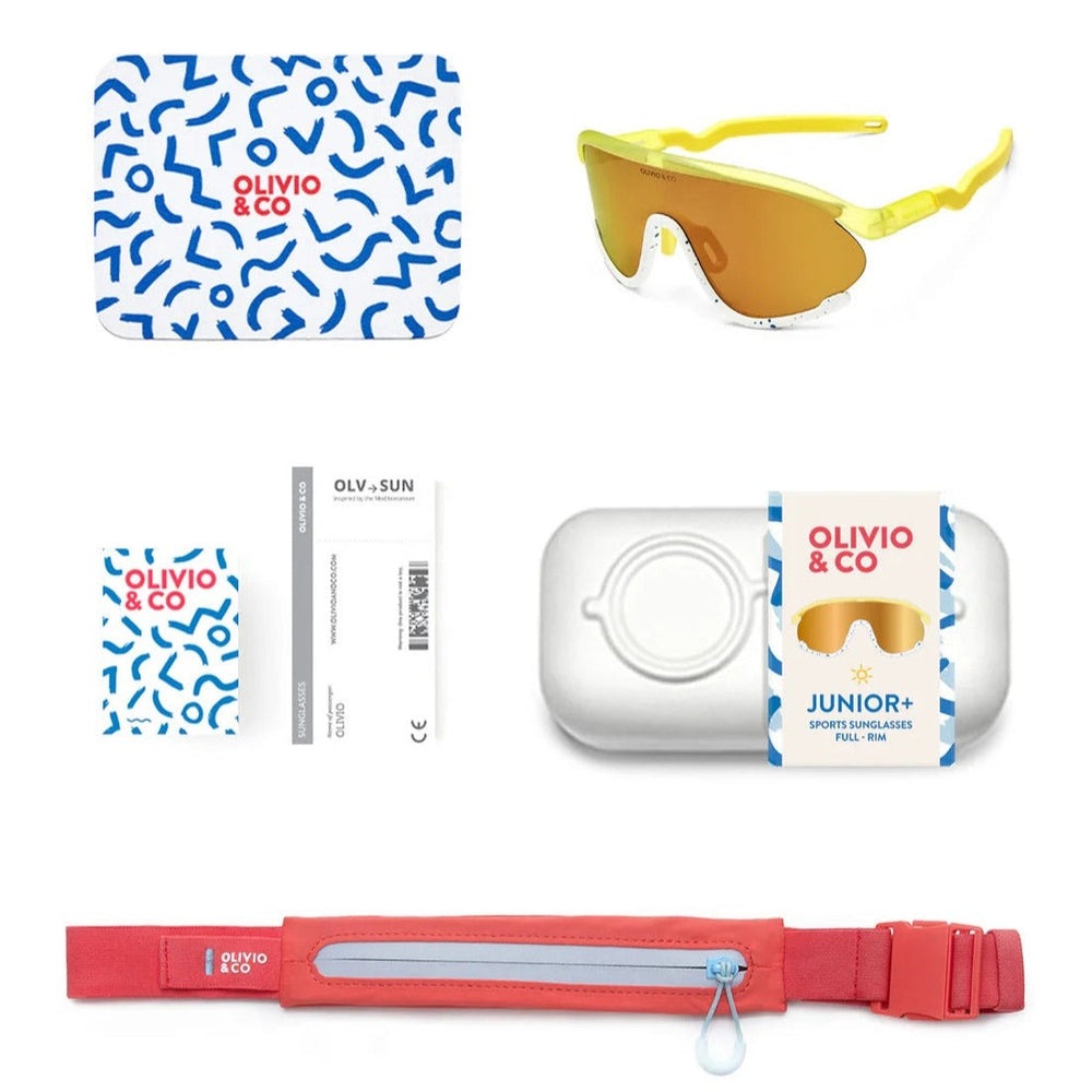 Olivio & Co Junior+ sport sunglasses Daisy Soda, full-rim yellow frame with orange lenses; includes case