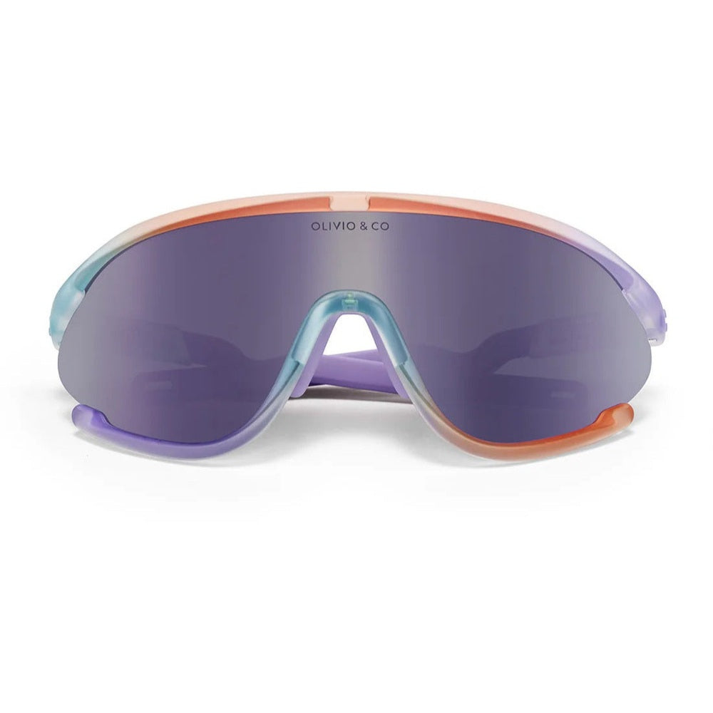 Olivio & Co Sport Sunglasses Kids Ocean Fantasy full-rim frame shown front-on with purple mirrored lenses.
