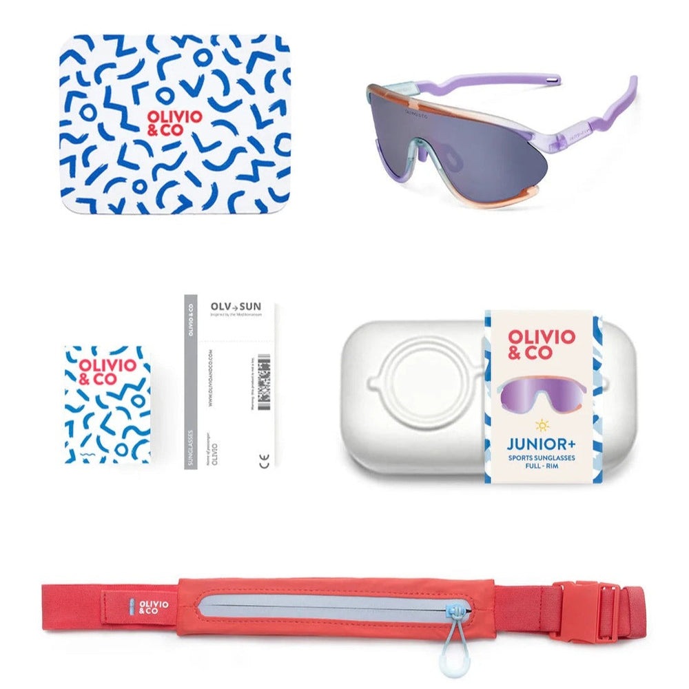 OLIVIO & CO Junior+ Ocean Fantasy sunglasses with purple frame and mirrored lenses; blue patterned and white cases included