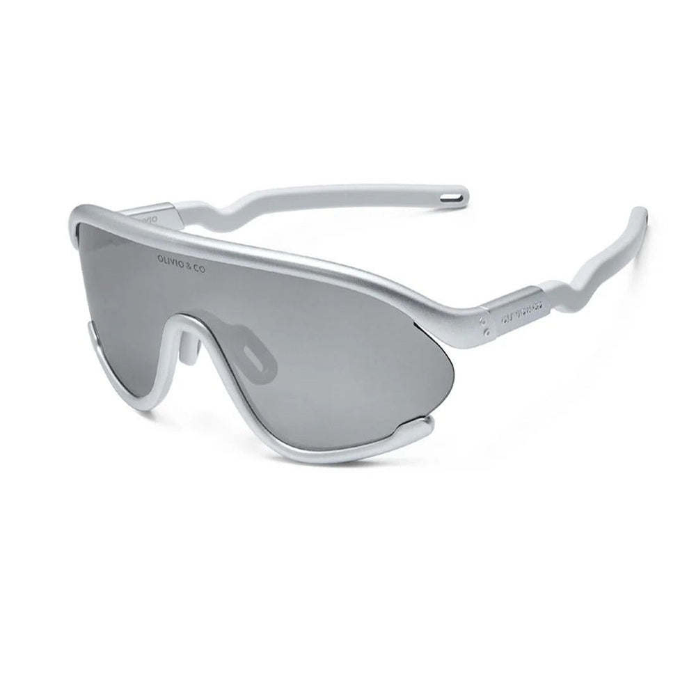 Olivio & Co Junior Sport Sunglasses, full-rim silver frame with reflective space-gray lenses