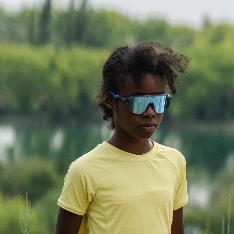 Olivio & Co Junior sport sunglasses, azure blue half‑rim frame with reflective lenses