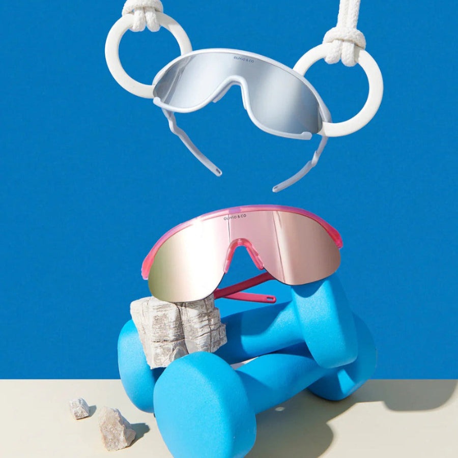 OLIVIO & CO Junior Sport Sunglasses, white half-rim and flamingo pink mirrored lenses, 2 pairs shown