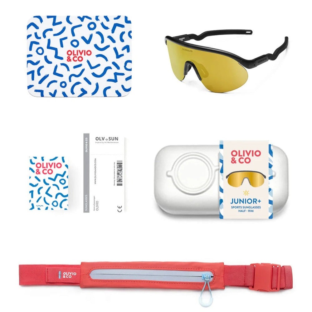 Olivio & Co Junior+ Half-Rim Lava Grey sport sunglasses with yellow lenses; includes blue patterned case and red strap cover.