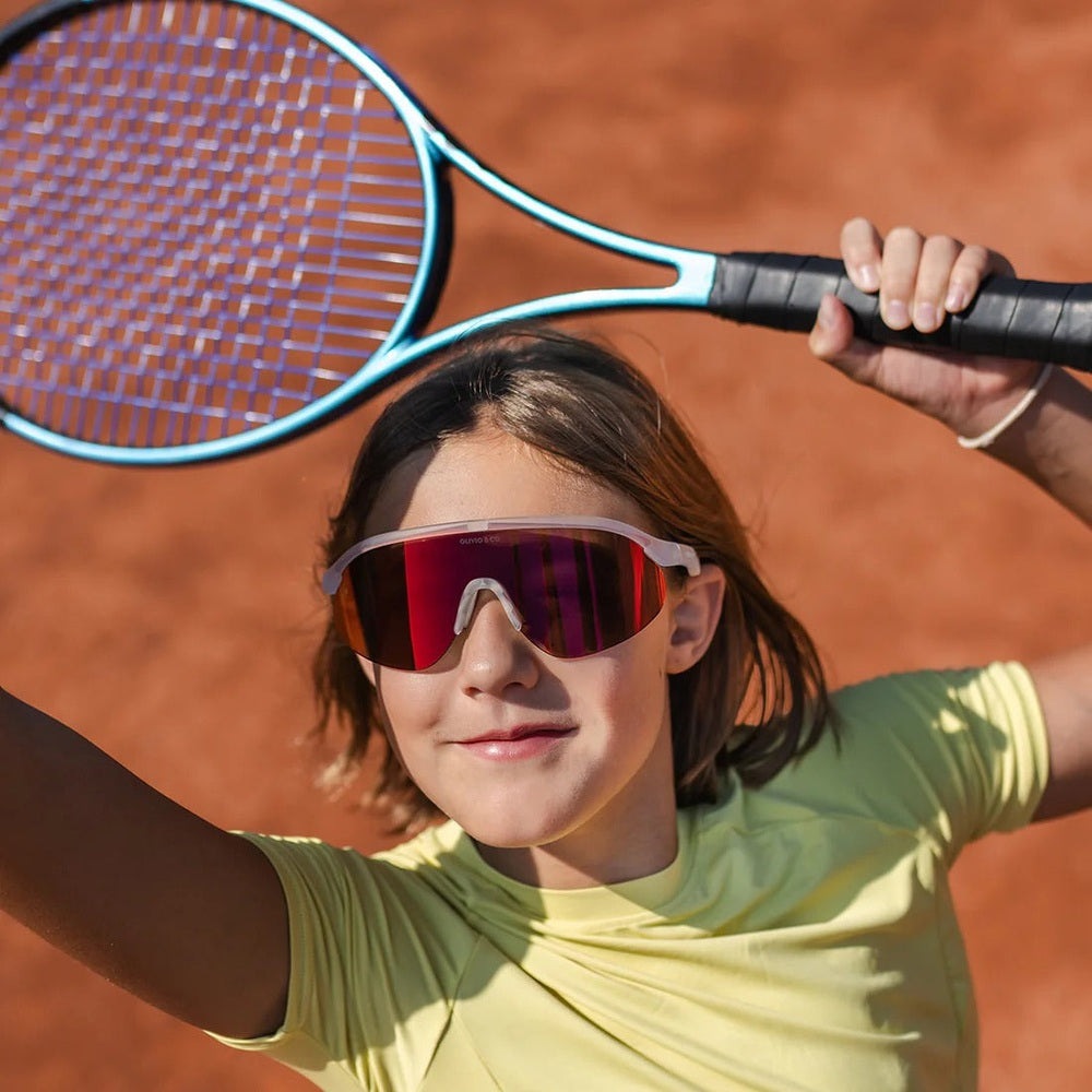 Olivio & Co sport sunglasses for juniors, half-rim Sunrise Mist with red mirror lenses