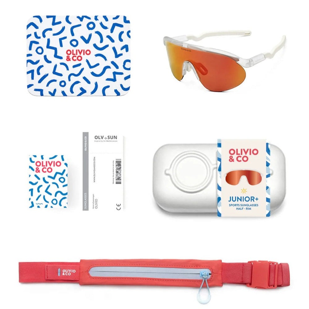 Olivio & Co Junior+ Half-Rim Sunrise Mist sports sunglasses with orange lenses; comes with blue patterned case