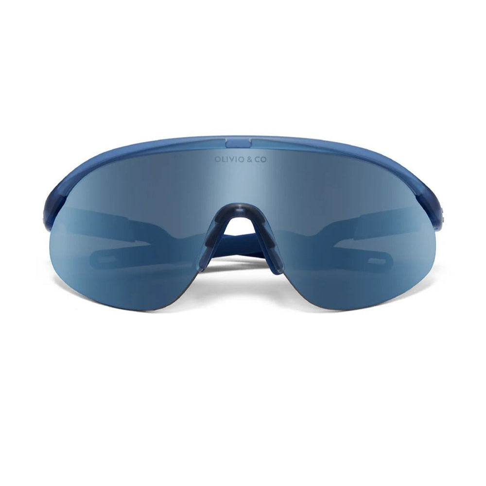 Olivio & Co Sport Sunglasses Junior+ Azure Blue with mirrored lenses and a blue half-rim wrap shown front-on.