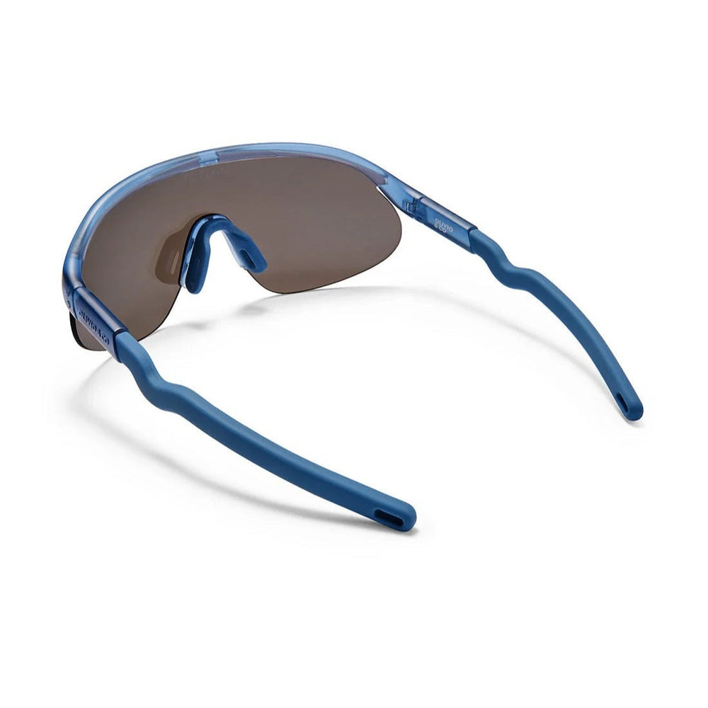 Olivio & Co Sport Sunglasses Junior+ Half-Rim Azure Blue, blue temples shown laid flat on a white surface.