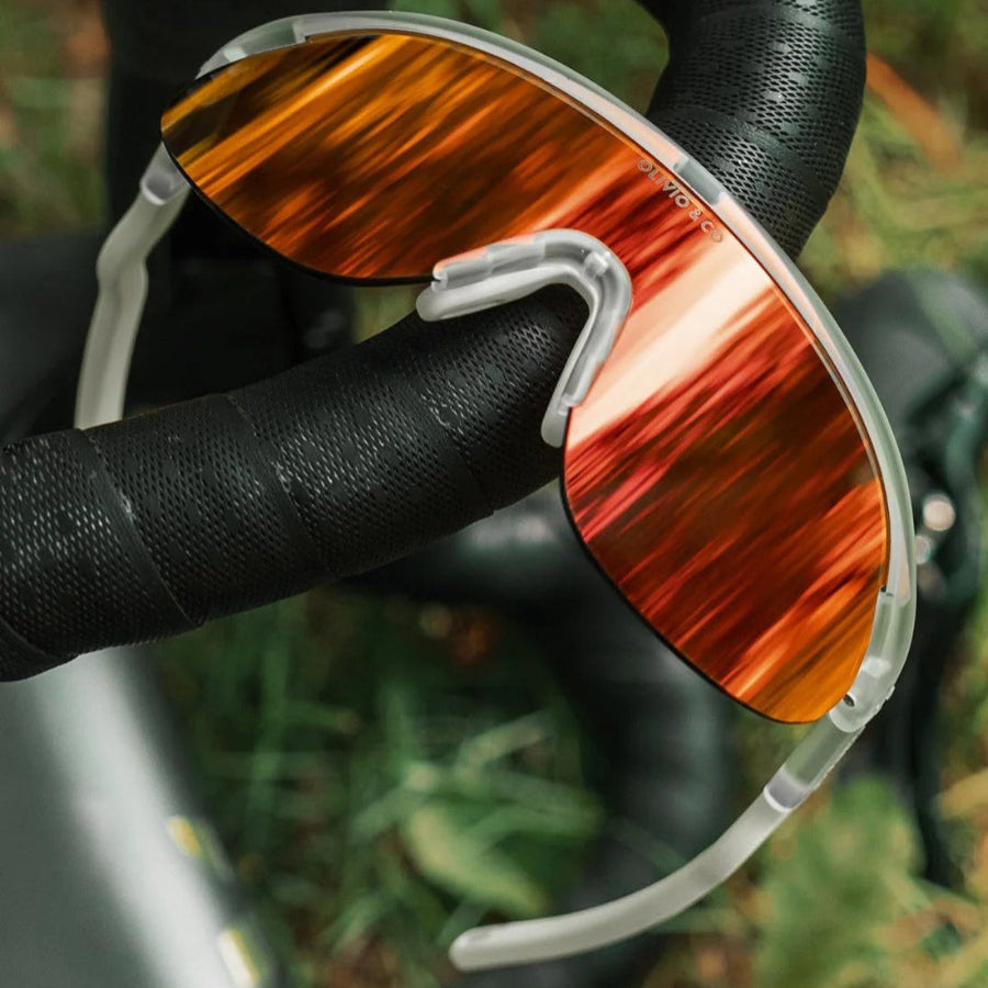 Olivio & Co sport sunglasses half-rim Sunrise Mist with orange mirrored lenses