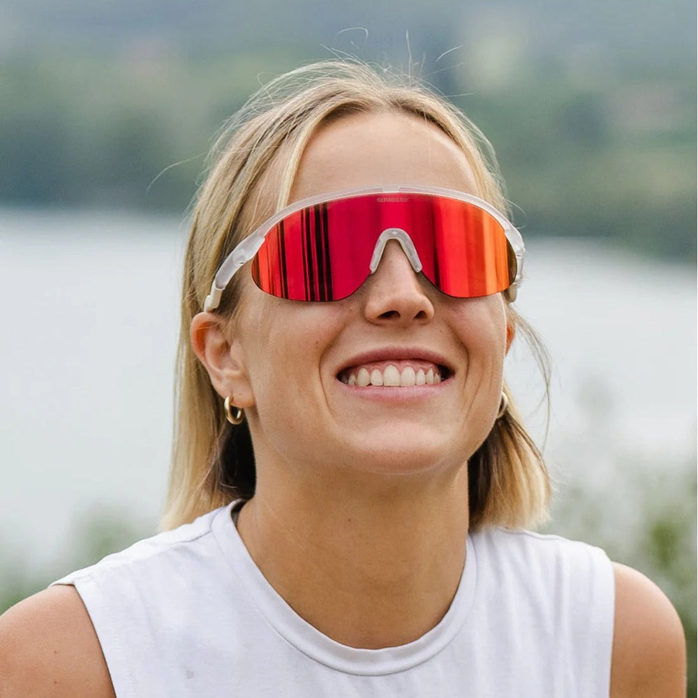 Olivio & Co sport sunglasses half-rim Sunrise Mist, white frame with red mirrored lenses