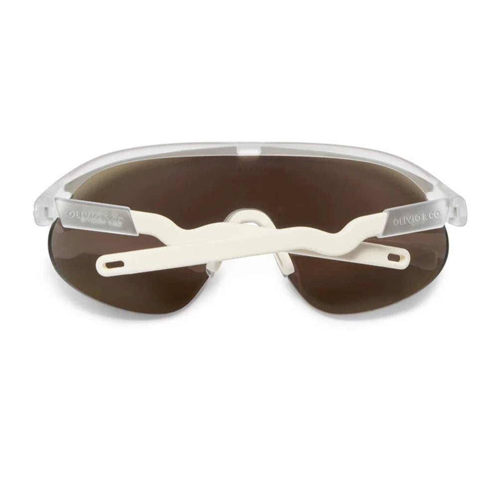 Olivio & Co sport sunglasses for teens and adults; white half-rim frame with brown Sunrise Mist lenses.