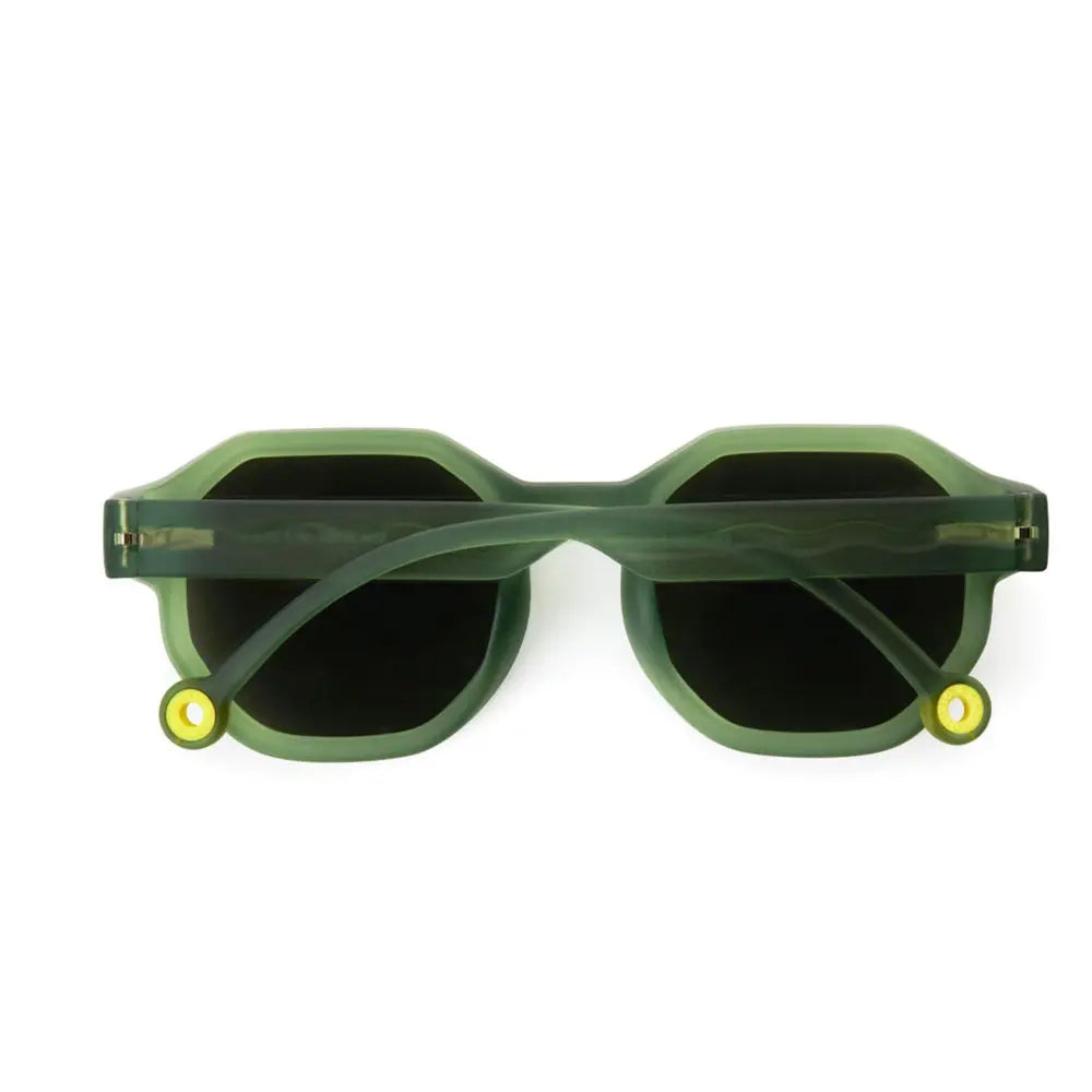 Olivio & Co Square Sunglasses Creative Edition in olive green frames seen from the front with black lenses and yellow accents.