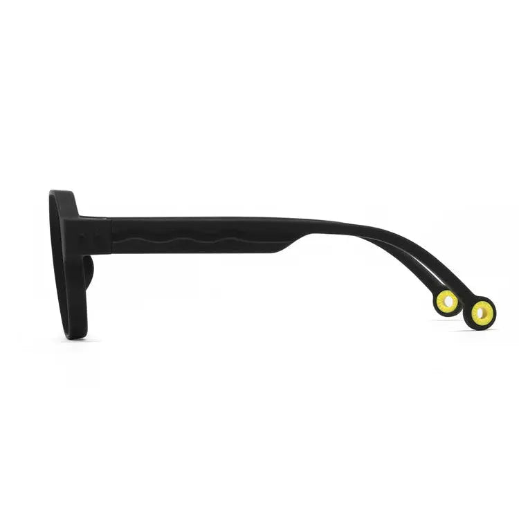 Olivio & Co Square Sunglasses Kids Creative Edition D Squid Black, black frame with curved arms and yellow-tipped temples.