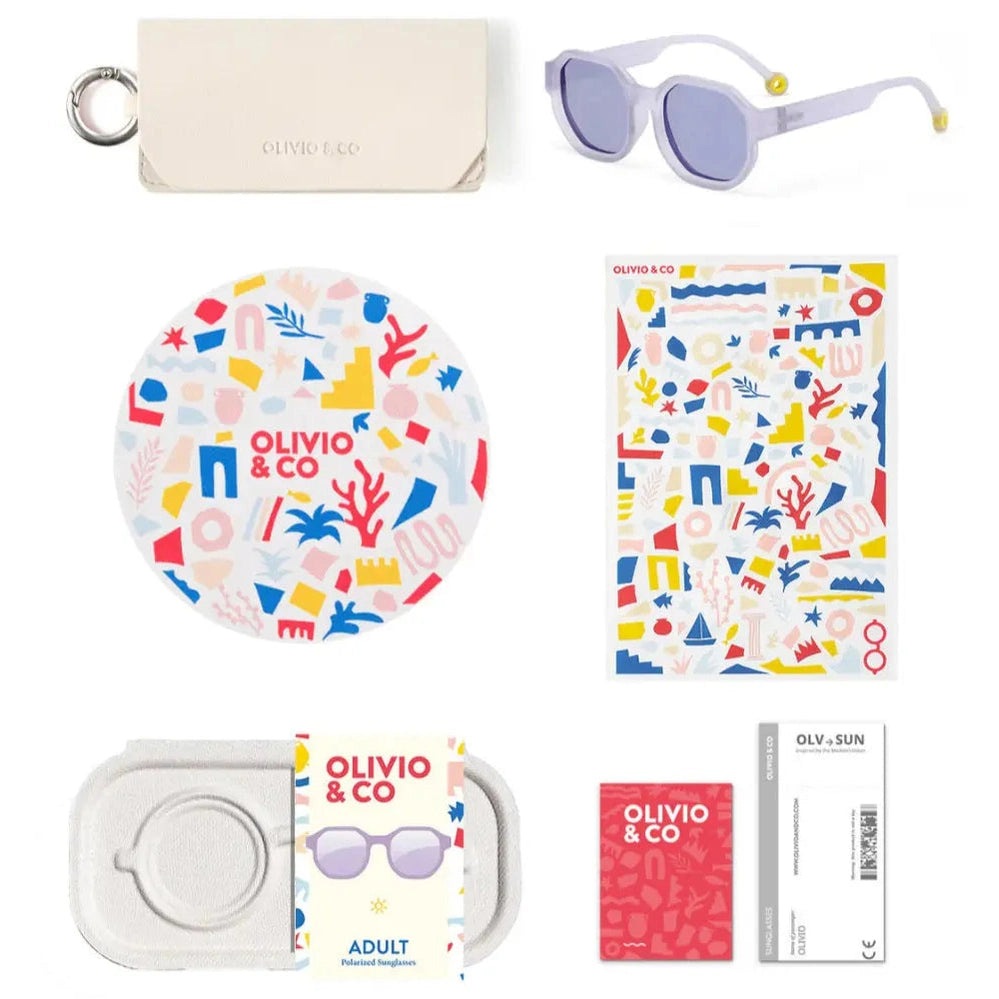 OLIVIO & CO Square Sunglasses Adult Creative Edition D Shell Purple shown with matching lavender case and colorful printed accessories