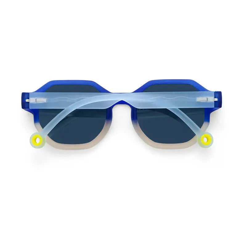 Olivio & Co Square Sunglasses Junior Creative Edition D Deep Sea with dark lenses, blue frames, silicone strap looped across