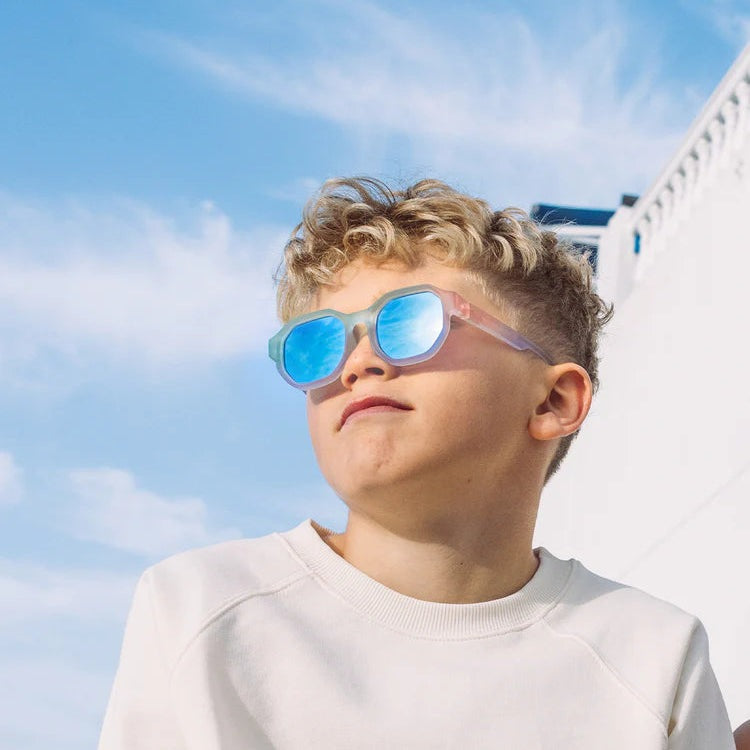 Olivio & Co square junior sunglasses with blue mirrored lenses and pastel frame, Gelato Summer edition