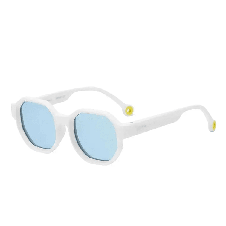 Olivio & Co Square Sunglasses Kids/Junior Creative Edition Cloud White, white frame with blue mirrored lenses shown at an angle.