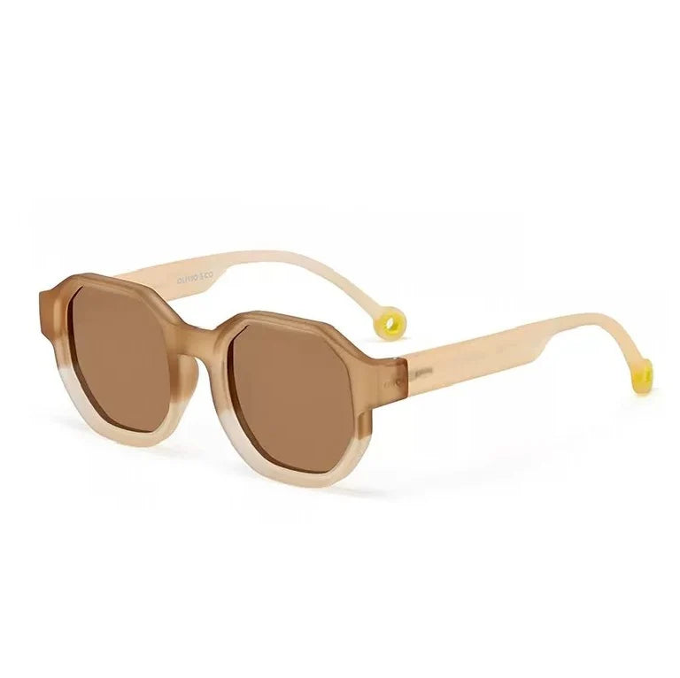 Olivio & Co Square Sunglasses Kids Creative Edition D Desert Sand on white background with tan frames and brown lenses.