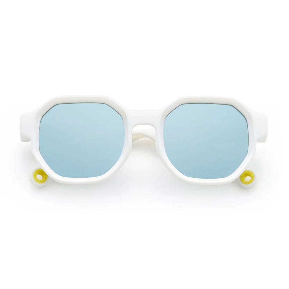 Olivio & Co Square Sunglasses Junior Creative Edition Cloud White with blue mirrored lenses in a bold white frame