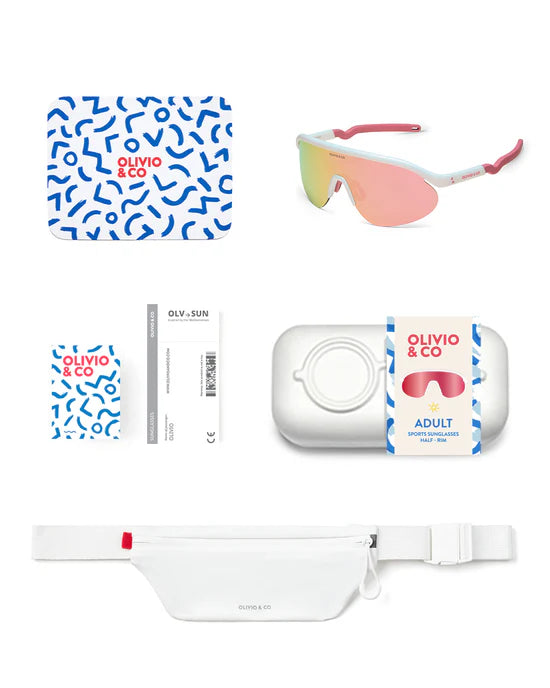Olivio & Co Sport Sunglasses Half-Rim Berry Mist with sports waist bag, cleaning cloth and packaging box