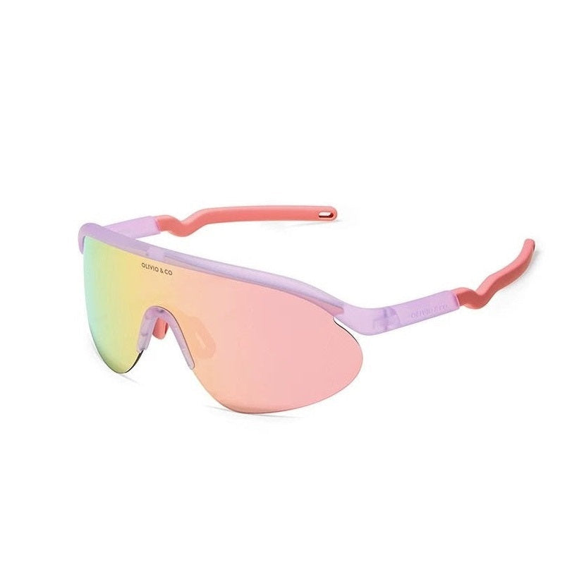 Olivio & Co Sport Sunglasses Half-Rim Jam On front angled view with pink-green mirrored lens