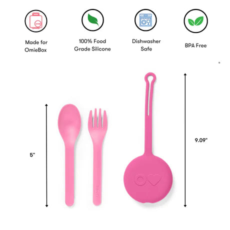 Omielife Fork Spoon Pod Set in pink silicone, three-piece laid out on white surface with 5"