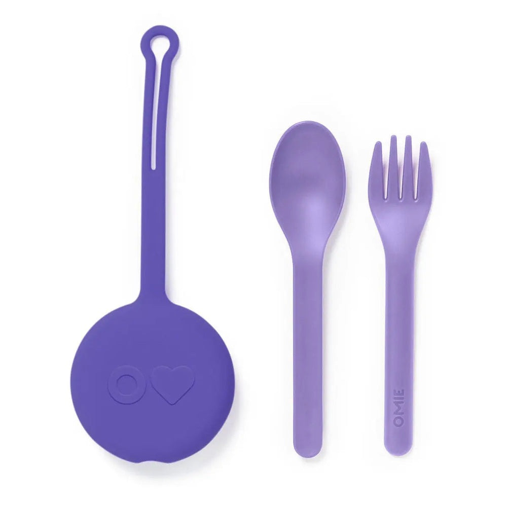 Omielife Fork Spoon Pod Set in purple; circular pod with loop handle, plus spoon and fork ready for lunch.