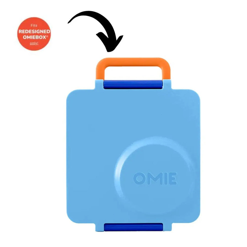 Omielife Handle Version 2 lunch box in blue with orange carry handle and blue latch, ready to tote.