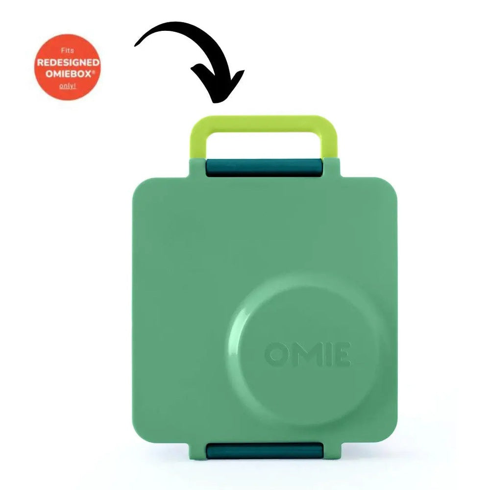 Omielife Handle Version 2 lunch box in green with lime handle raised over teal hinges, ready to carry
