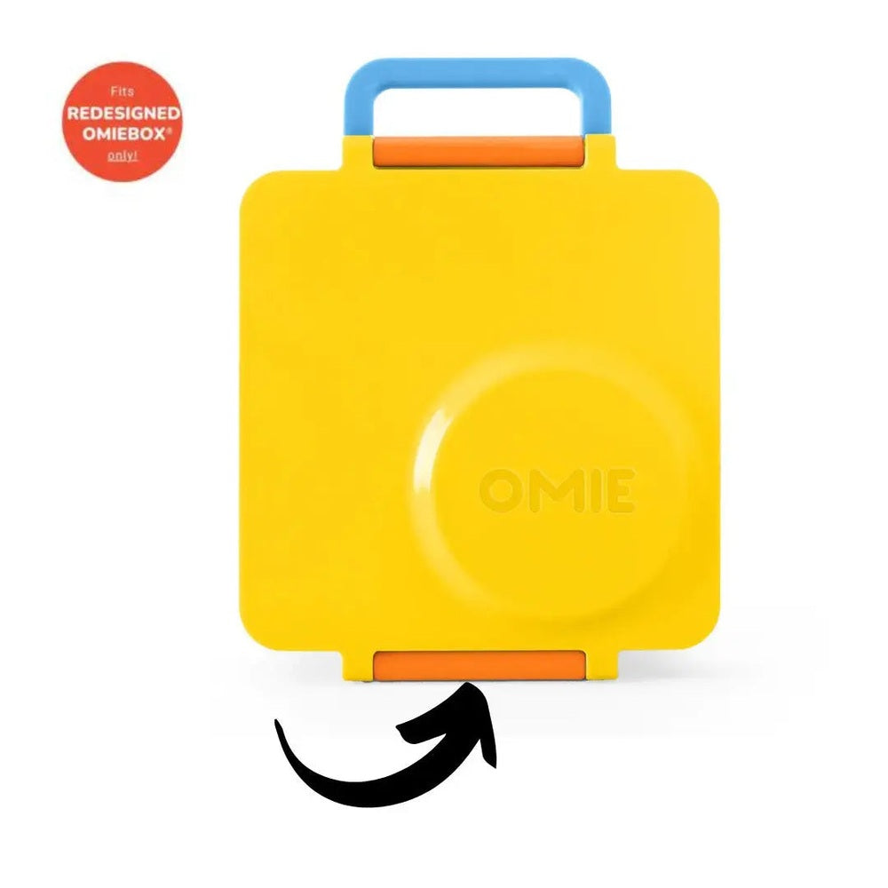 Omielife Latch Version 2 lunch box, bright yellow with blue handle and orange latch, standing upright.