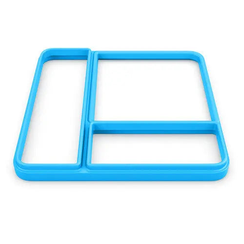 Omielife Lid Seal Version 1 blue plastic lunch box divider with three compartments, laid flat.