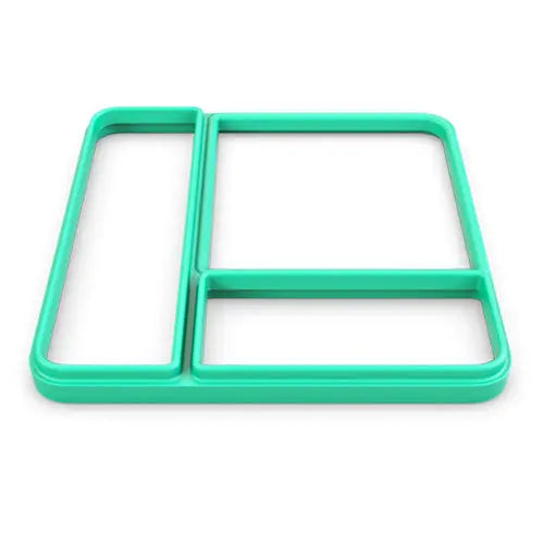 Omielife Lid Seal Version 1 turquoise frame lying flat, showing two-compartment lunch box divider.
